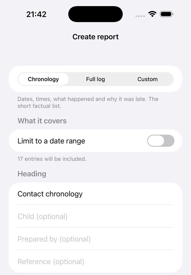 The Report tab: a builder with a choice of chronology or full log, switches for what goes in, a date range, and a live page count.