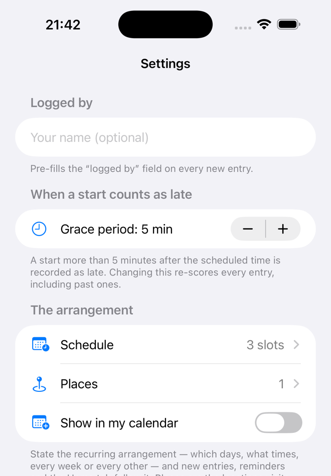 The Settings tab, where the regular schedule, reminders, themes and other preferences are configured.